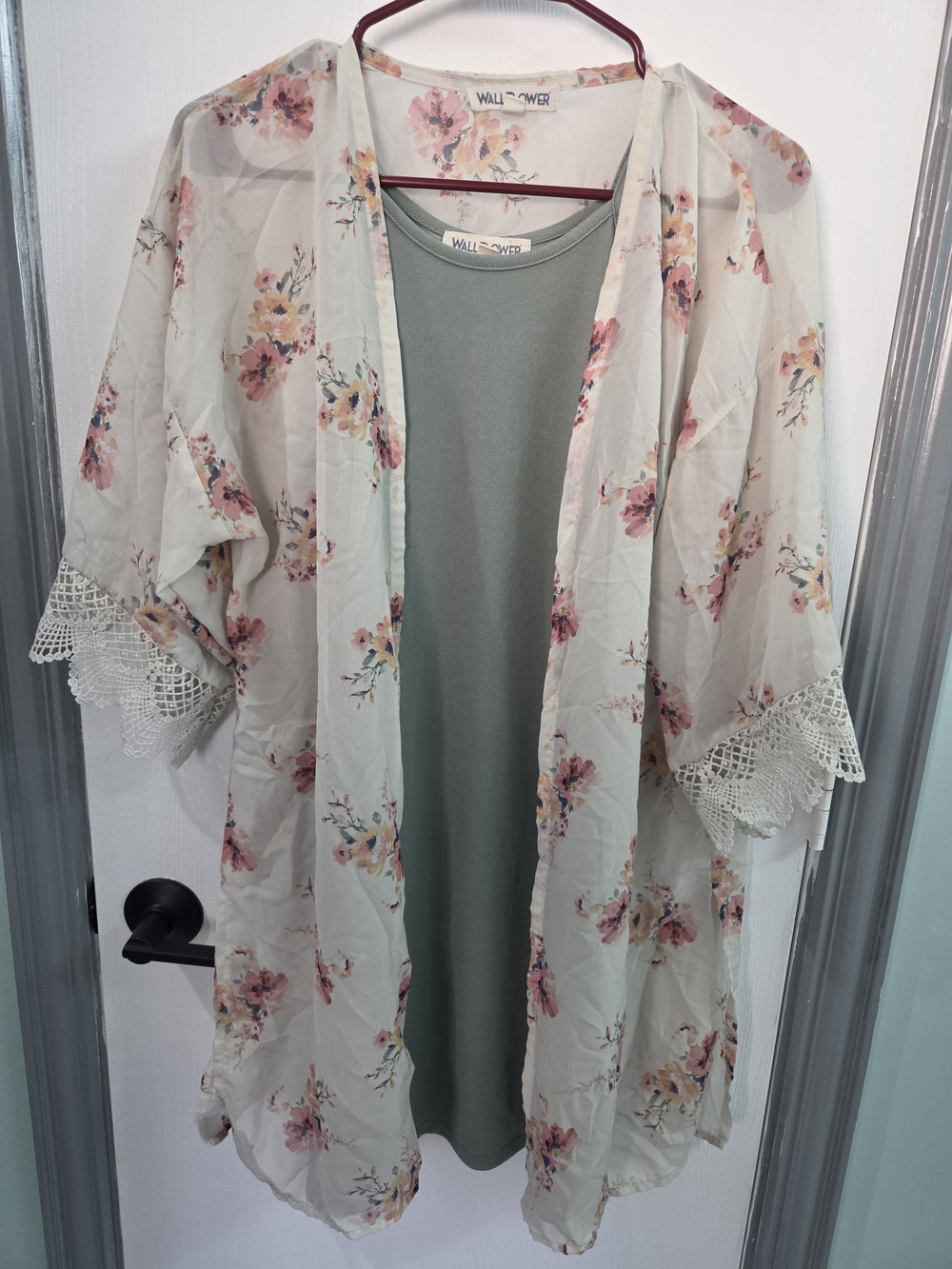 WALLFLOWER Floral Lace-Trim Kimono Dress in Sage & Blush